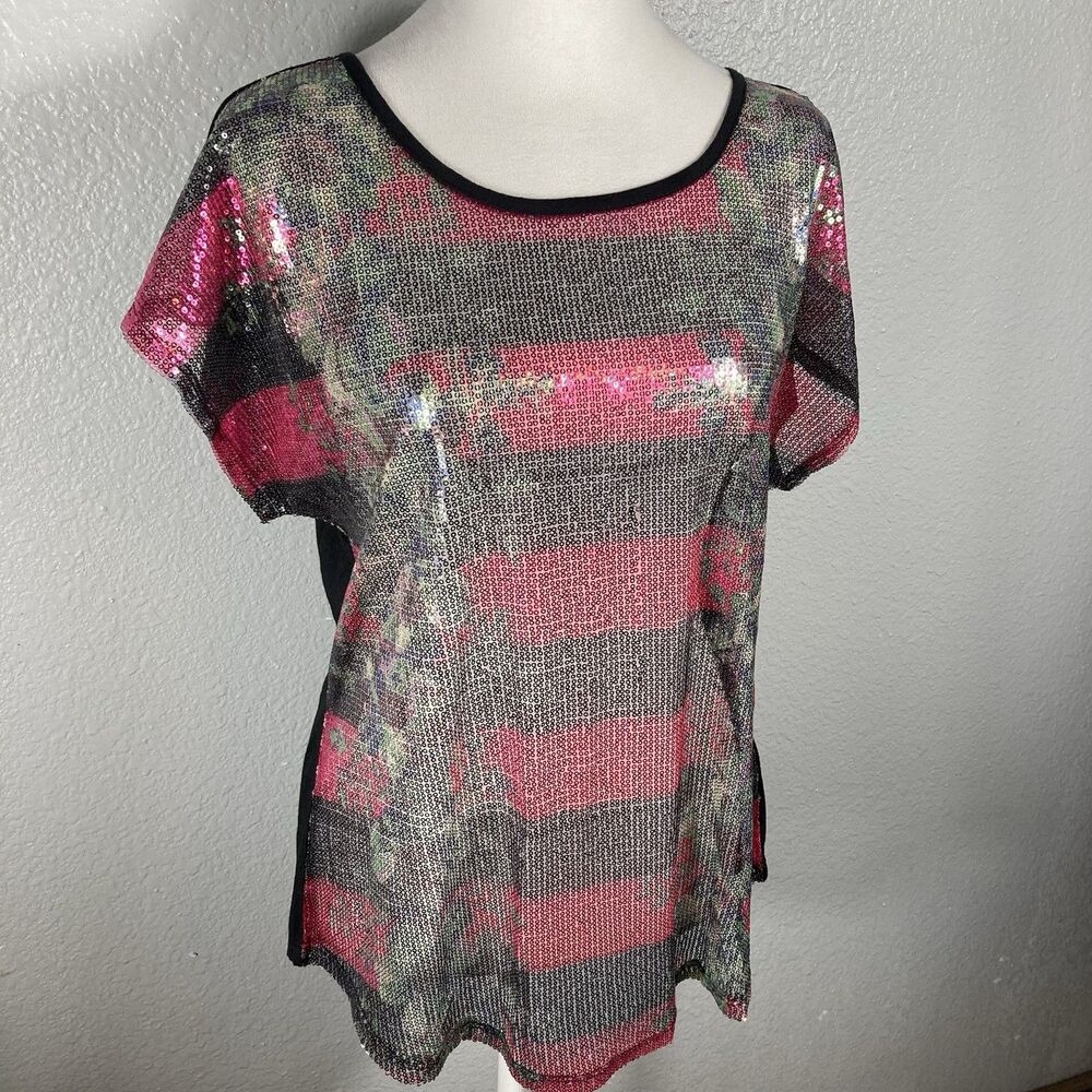 Sequin Top L Floral Sheer Shimmer Blouse Sparkle Whimsigoth Glam Cato - Picture 10 of 14